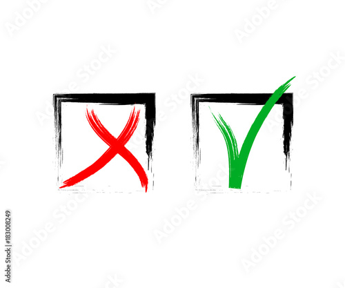 Yes and No Vector Set Square Frames, Isolated.  Hand Painted Election, Quizz, Voting, Test Symbols. Ink Brush Rejection and Approval, Query Choice Icons. Yes and No Tick and Cross Symbolic Marks.
