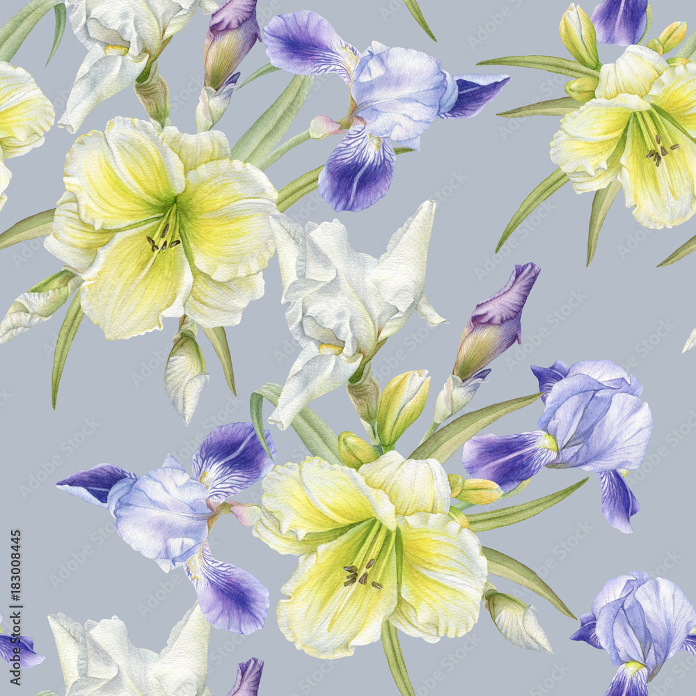 Floral seamless pattern with watercolor iris, daylily