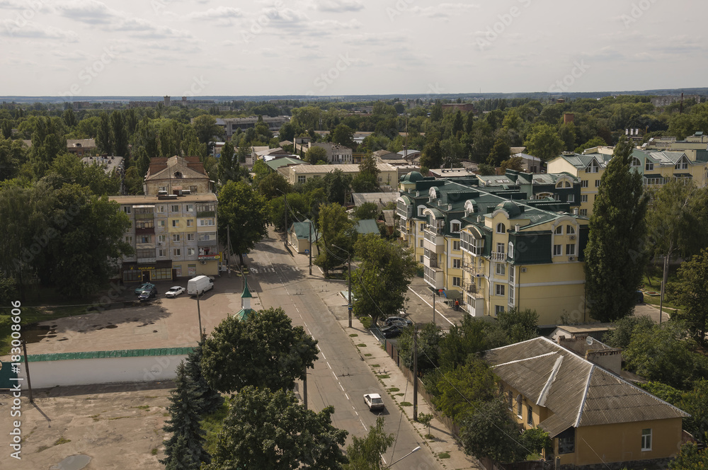Chernigov, Ukraine.  August 15, 2017. Small buildings and streets. View from the top high