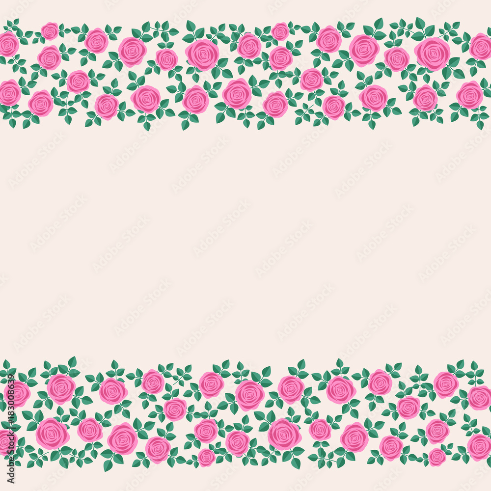 Beautiful border of pink roses on beige background. Cute template for greeeting card, invitation etc. Vector illustration