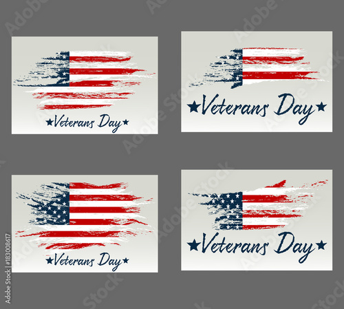 Set Veterans Day. Usa flag on background. Design for holiday cards on a gray background.