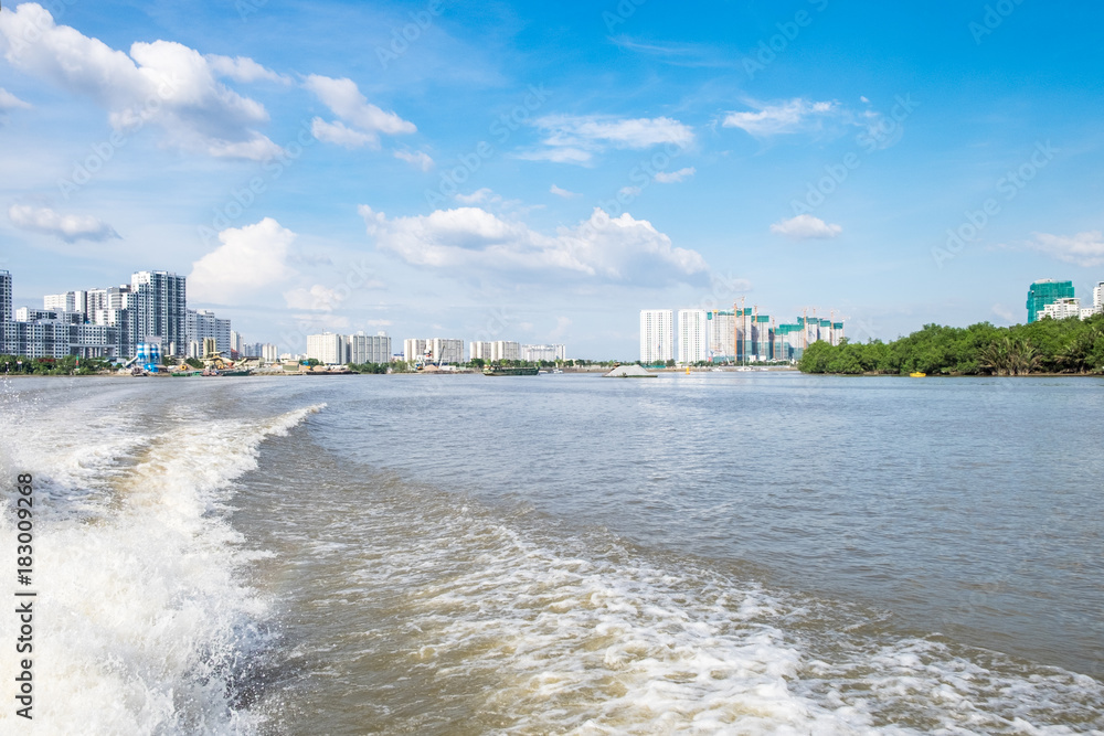 View of Ho Chi Minh City harbor from the river