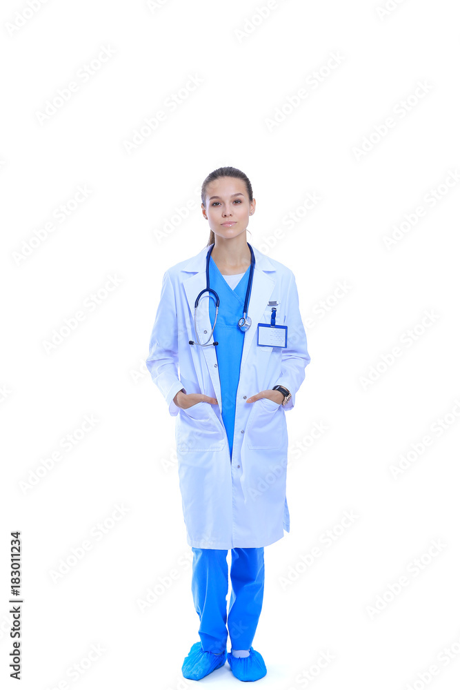 Beautiful young woman in white coat posing with hand in pocket. Woman doctor Beautiful young woman in white coat posing with hand in pocket. Woman doctor