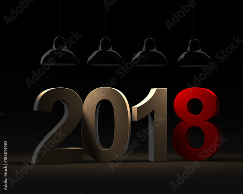 3D illustration, 3D render of the new year 2018 on a dark background with place for text illuminated from above by the lamps