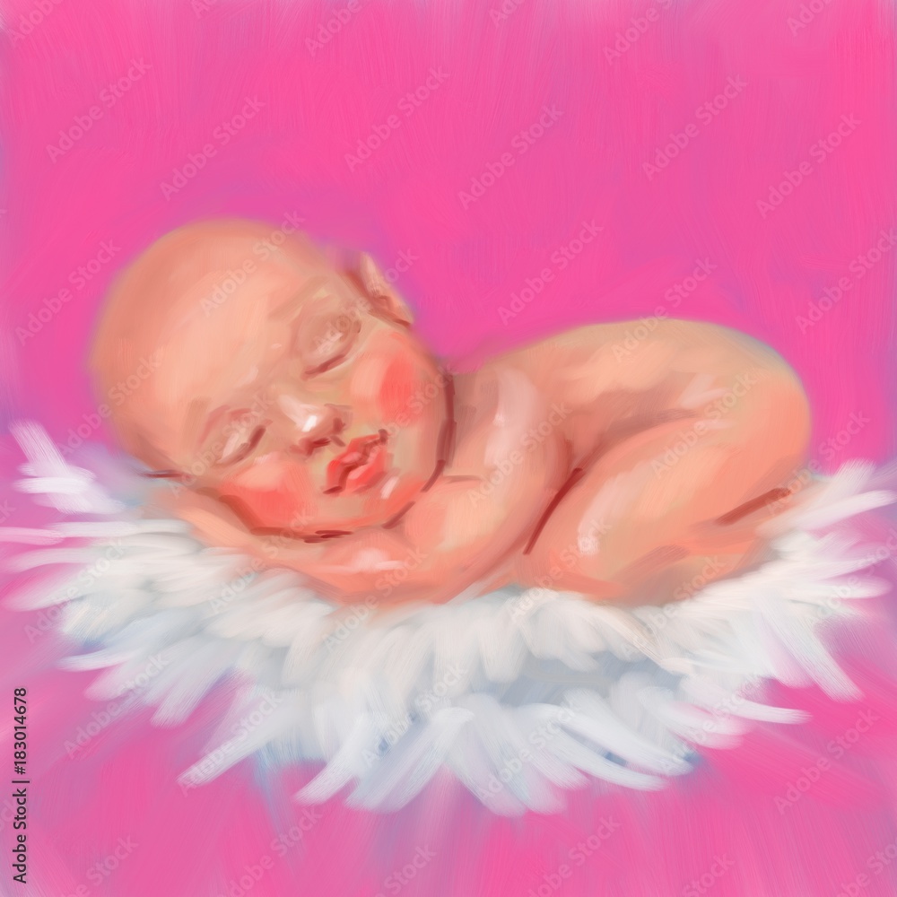 Fototapeta premium Baby girl postcard digital acrylic oil painting