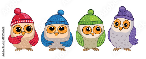Group, set cute funny owls or sparrows. White background. Happy birthday or party. Isolated children cartoon fairytale illustration, for print, stickers. Fabulous story about animals and birds. Vector