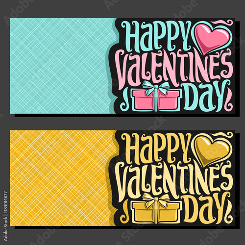 Vector greeting cards for St. Valentine's Day with copy space, 2 banners with pink heart and golden gift box, original handwritten font for text happy valentines day, cut paper for valentine holiday.
