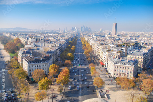 Aerial view of Champs Elysees with view of the Defense, Paris, France