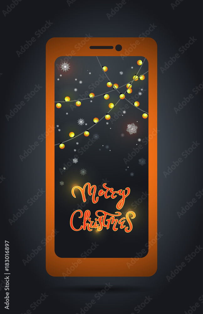 Modern technologies and holidays. A smartphone with a festive decor on the screen. Congratulations and shopping online. Close-up. Modern technologies and holidays. A smartphone with a festive decor on the screen. Congratulations and shopping online. Close-up.