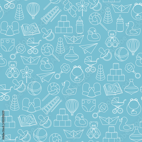 Baby toys seamless pattern on blue background