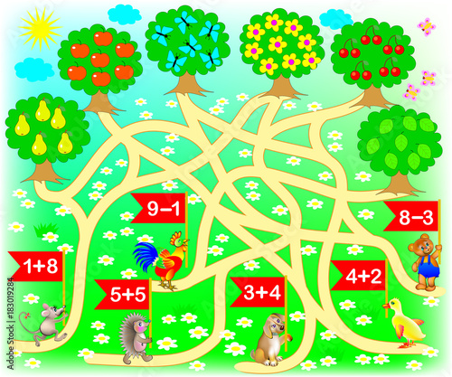 Educational page with exercises for children on addition. Solve examples and draw the way from each animal till correct tree. Vector image.