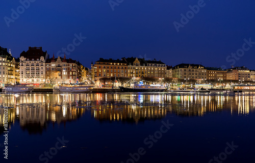 Night image from Stockholm city with Nybroviken and Strandvagen.