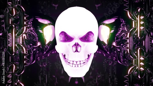 Gloving Metal Skull Loop - cool motion graphics which represent rotating and flashing skulls with shiny moving metal chains on left and right sides. It will be perfect for your next VJ sets