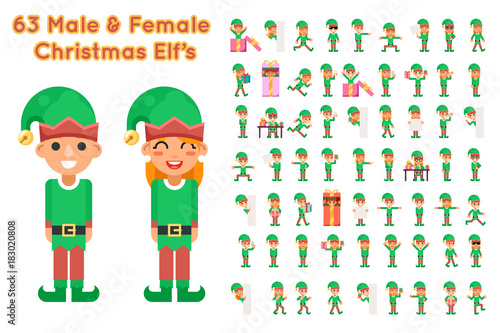 Boy And Girl Elf Characters Christmas Santa Claus Helper in Different Poses and Actions Teen Icons Set New Year Gift Holiday Flat Design Vector Illustration photo