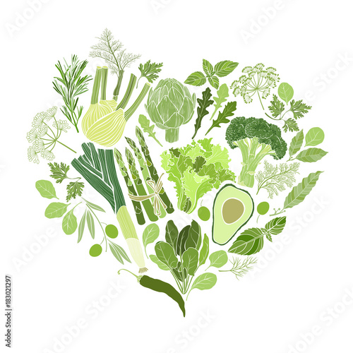 Green vegetables, spices and culinary herbs. Food  background. Vector illustration of heart shape.