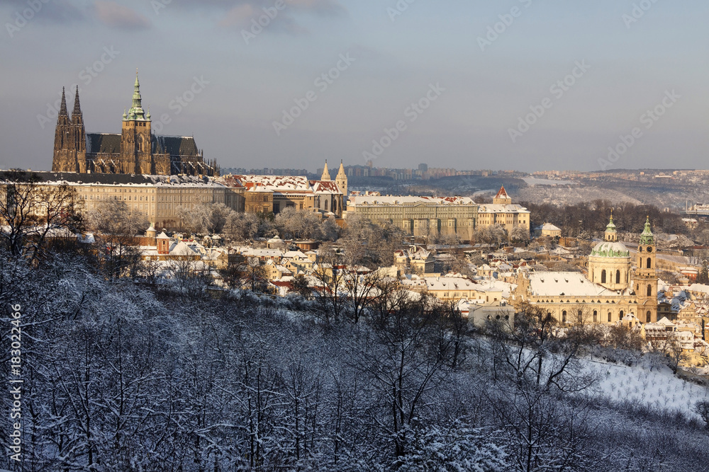 Christmas snowy Prague City with gothic Castle, Czech republic