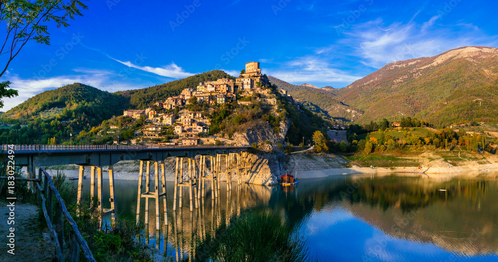 Travel in Italy - beautiful medieval village Castel di Tora and scenic Turano lake.
