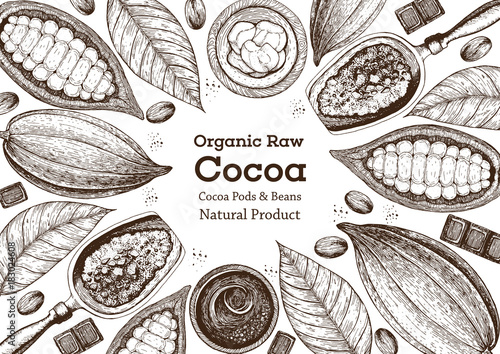 Vector illustration frame with cocoa products. Handmade chocolate, organic food. Vintage elements for design.