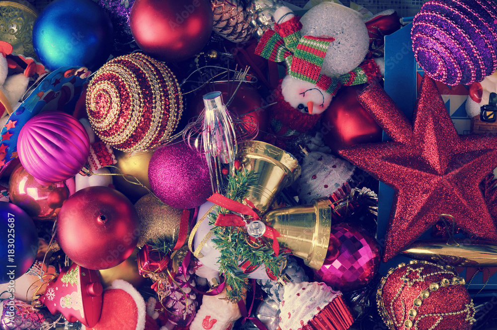festive background with Christmas toys for Christmas tree