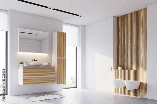 White and wooden bathroom interior side