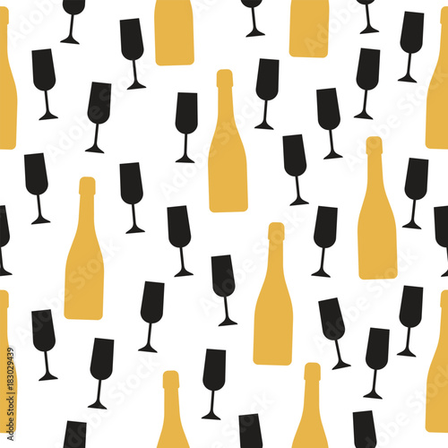Seamless pattern with champagne bottle and glasses