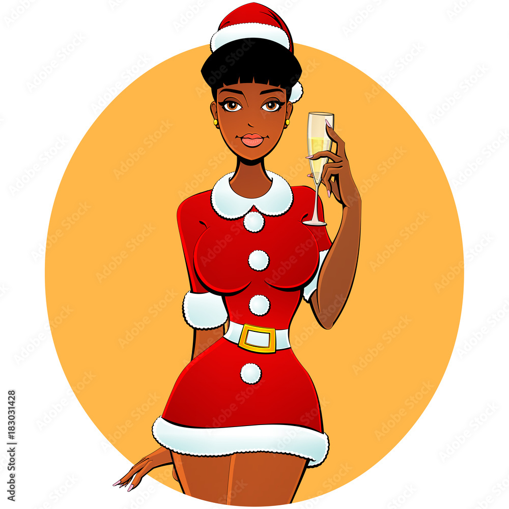 Christmas Sexy Black Girl Santa With A Glass Of Champagne Stock Vector 