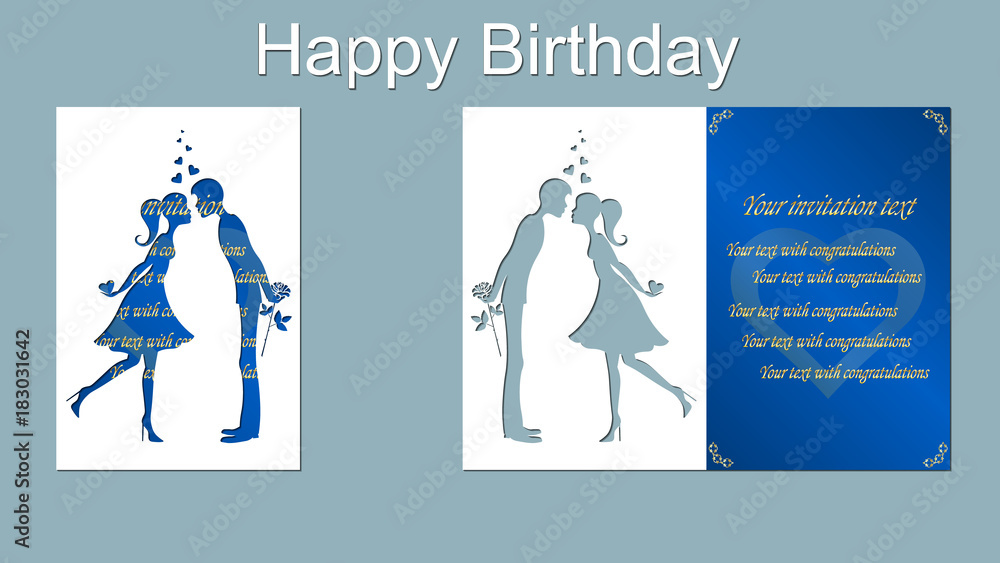 Vector illustration Postcard. Kiss. The invitation card and greeting card with the boy and the girl. Pattern for the laser cut. Rose, hearts. blue, white