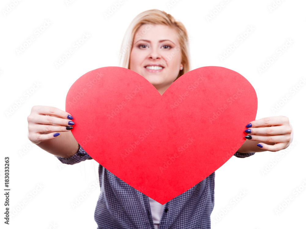 Woman holding big red heart, love sign Woman holding big red heart, love sign