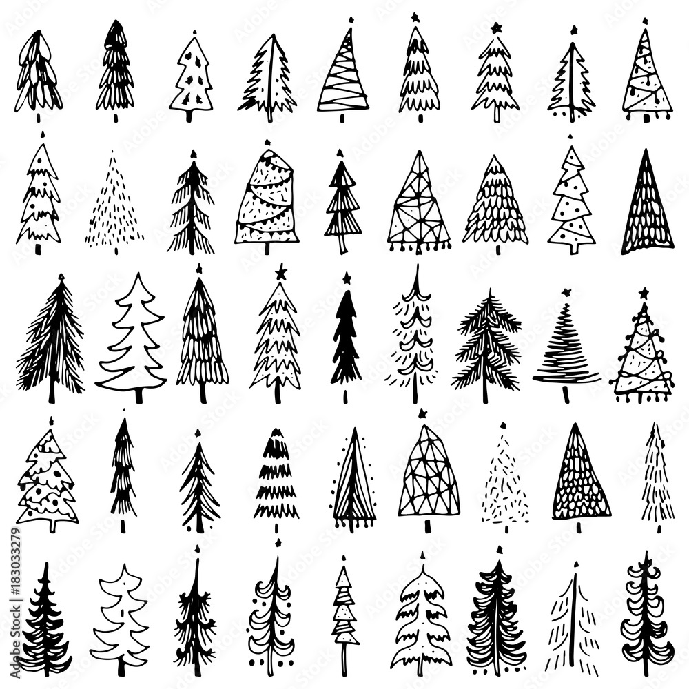 Naklejka Set of hand drawn Christmas tree. Holiday decoration isolated elements. Vector illustration. Use for Greeting Scrapbooking, Congratulations, Invitations.