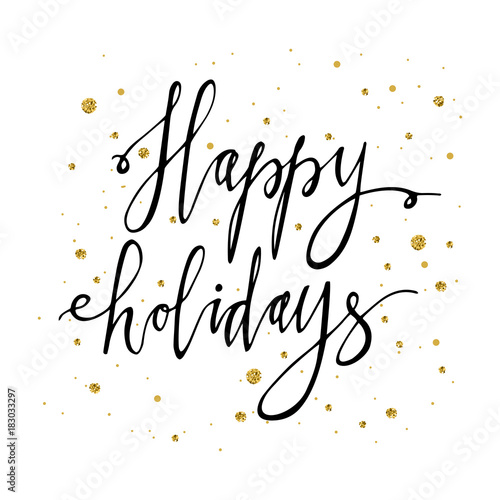 Happy holidays postcard template. Modern New Year lettering with snowflakes isolated on white background. Christmas card concept. Handwritten modern brush lettering.