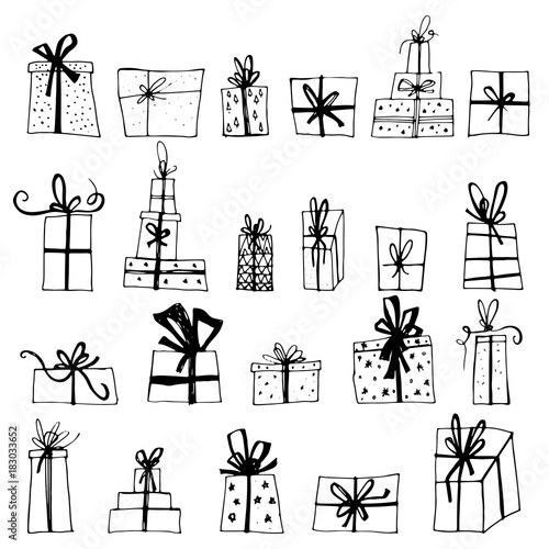 Hand drawn Chistmas gift boxes isolated on white background. Merry Christmas Happy new year for flyer, poster, banner, web, header. Xmas design.