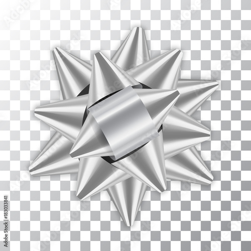 Silver bow ribbon decor element package Shiny color satin decoration gift present isolated white transparent background. Christmas New Year celebration, birthday holiday design Vector illustration