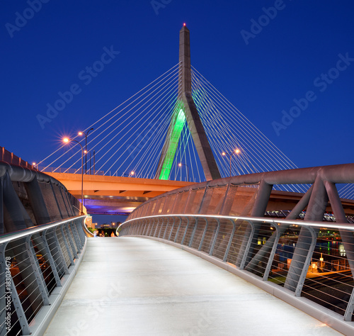 North Bank Walkway and Zakim Bridge at Night in Boston, Massachusetts