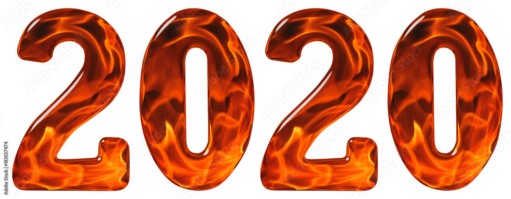 Numeral 2020 from glass with an abstract pattern of a flaming fire, isolated on white background, 3d render Numeral 2020 from glass with an abstract pattern of a flaming fire, isolated on white background, 3d render