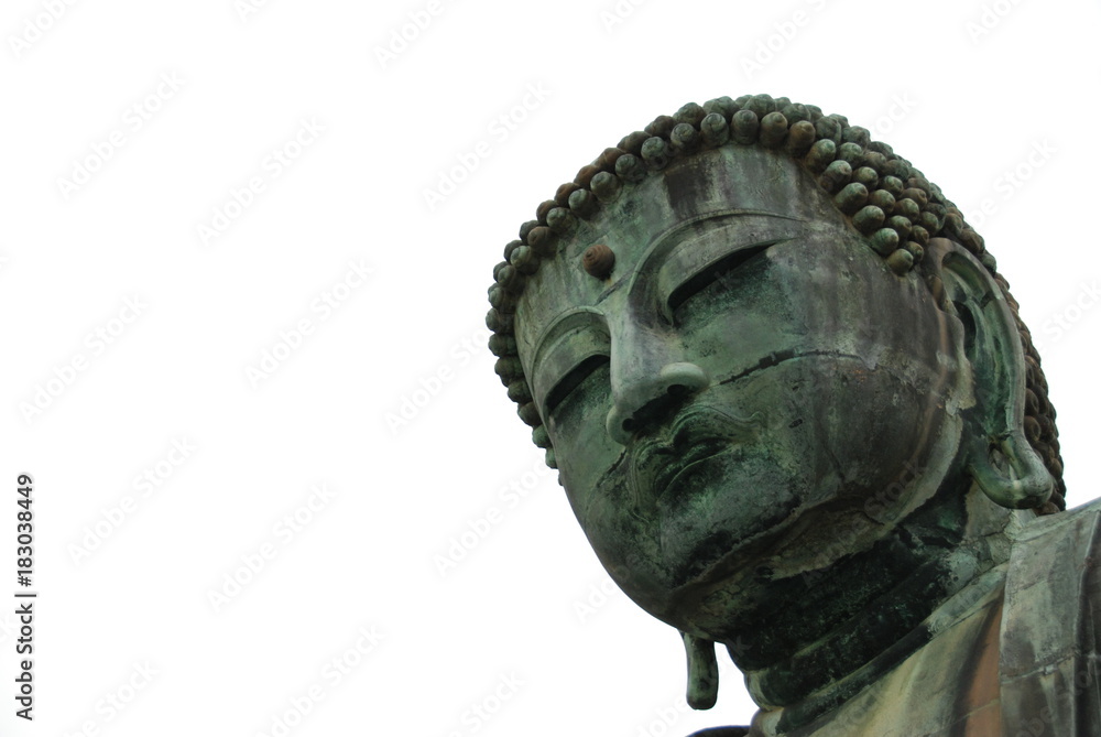 A head of Great Buddha statue at Kotoku-in Temple in Kamakura, one of the largest bronze Buddha in Japan