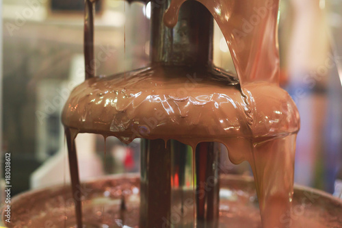 Vibrant Picture of Chocolate Fountain Fontain on a children kids birthday party with a kids playing around and dipping marshmallows and fruits into the fountain
 photo