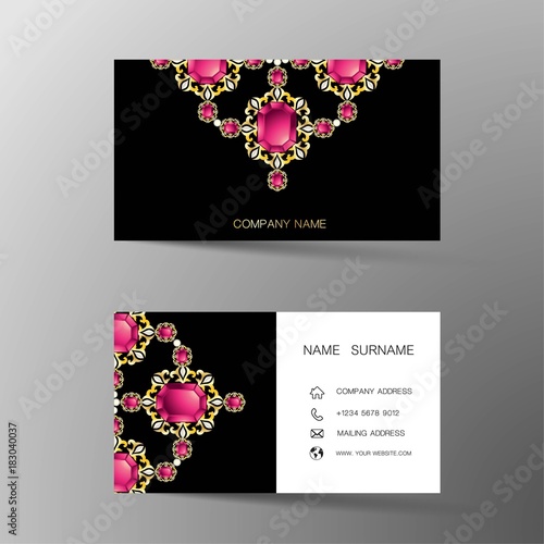 Luxurious Indian business card design, diamond gem jewelry color.Contact card for company. Two sided. Vector illustration. Flat design.