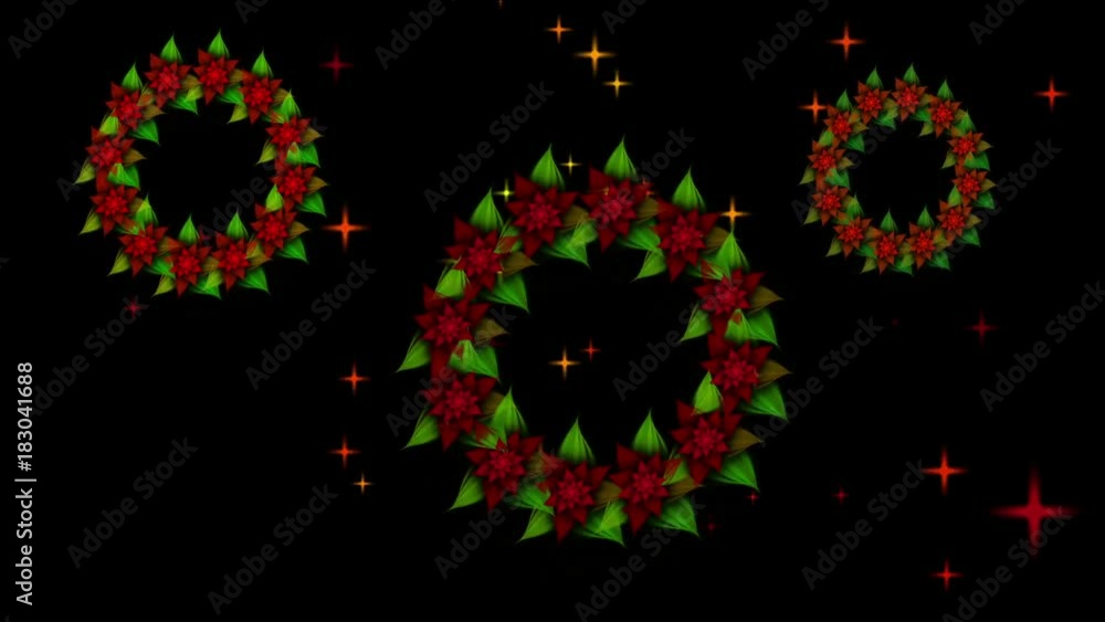 Three Starry Christmas and New Year’s wreaths from red poinsettia with twinkling stars rotating on festive background, golden sparkling stardust shining, magical seasonal scene, animated illustration Three Starry Christmas and New Year’s wreaths from red poinsettia with twinkling stars rotating on festive background, golden sparkling stardust shining, magical seasonal scene, animated illustration
