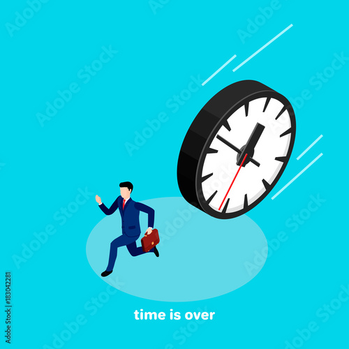 a man in a business suit with a briefcase in his hand runs away from the clock rolling on him, an image in isometric style