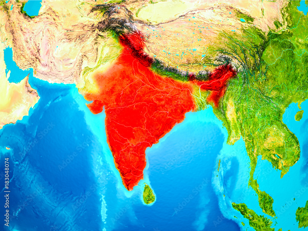 India in red on Earth