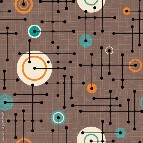 Seamless 1950s retro pattern of lines and circles for fabric design, wrapping paper, backgrounds. Linen texture overlay. Vector illustration.