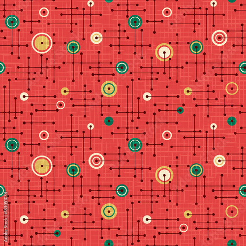 Seamless 1950s retro pattern of lines and circles for fabric design, wrapping paper, backgrounds. Holiday red and green. Linen texture overlay.