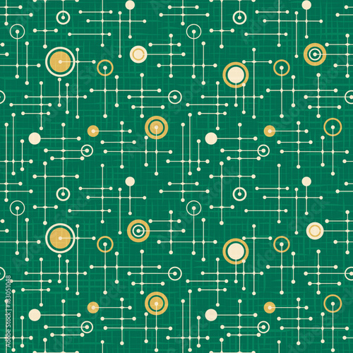Seamless 1950s retro pattern of lines and circles for fabric design, wrapping paper, backgrounds. Holiday green and gold.