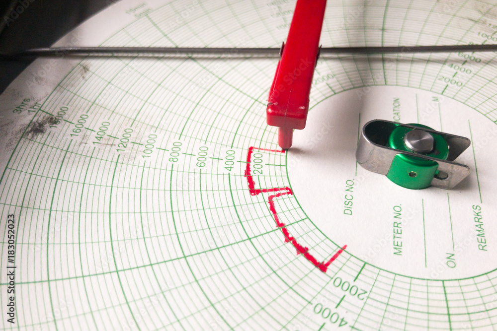 Red pen of Analog Pressure Chart recorder writing on chart paper to