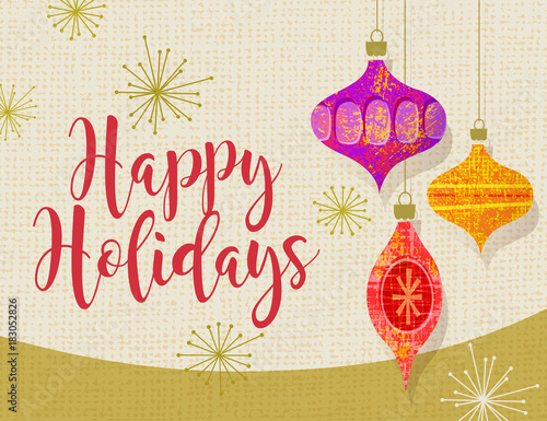 Holiday card with stylized retro christmas tree ornaments. Vector design for greeting cards, banners, invitations.