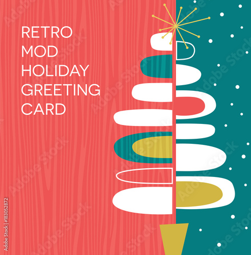 Holiday greeting card or invitation with retro abstract Christmas tree design. Space for text.