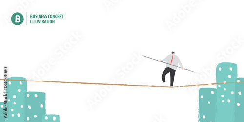 Businessman in equilibrium on a rope over city town on white background illustration vector. Business concept.