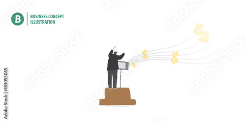 Businessman performance control profit like a music conductor on white background illustration vector. Business concept.