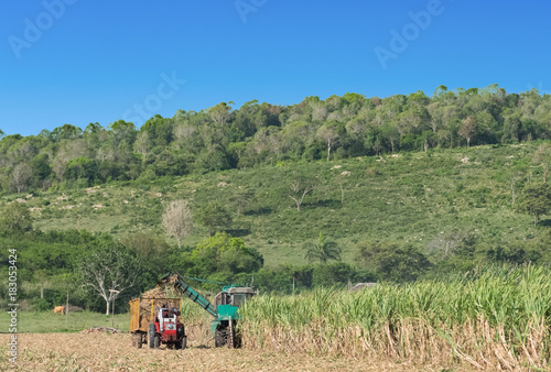 Ernte Maschinen und Traktor auf dem Zuckerrohrfeld beim Ernten in Santa Clara Cuba - Serie Cuba Reportage