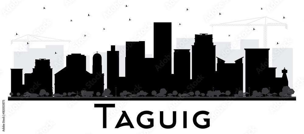 Taguig Philippines Skyline Black and White Silhouette. Vector Illustration. Simple Flat Concept for Tourism Presentation, Placard. Business Travel Concept. Taguig  Cityscape with Landmarks.